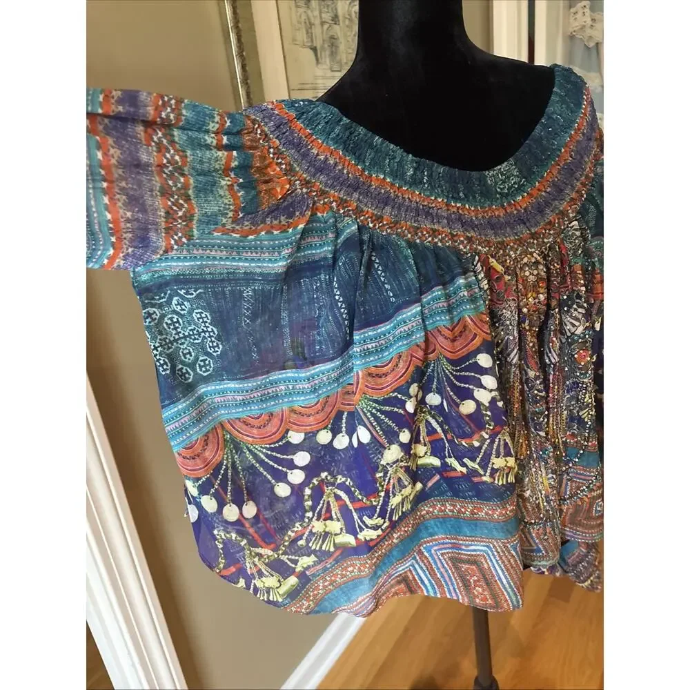CAMILLA off shoulder or Silk Blouse crystals blue red open sleeve Shirred Cuff L - Picture 9 of 13